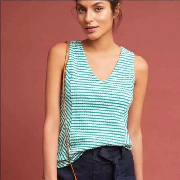 MAEVE Anthropologie Franconia Green & White Striped Tank Sz Small - Picture 2 of 6